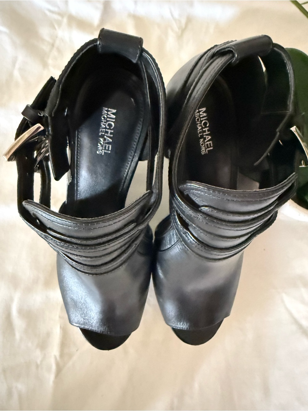 MICHAEL Michael Kors Black Peep-Toe Wedge Sandals with Buckle Straps - Picture 3 of 8